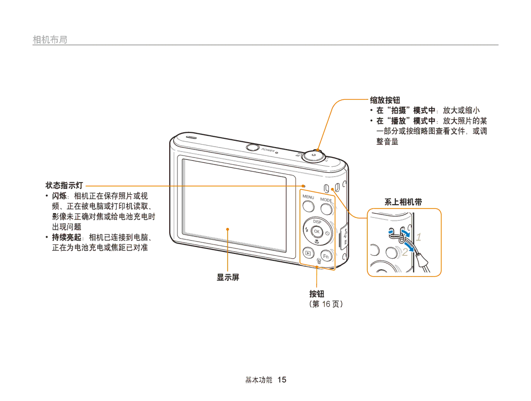 Samsung EC-ST66ZZBPBE2, EC-ST76ZZFPBE1, EC-ST76ZZFPSE1 manual 相机布局, 状态指示灯, 缩放按钮 在拍摄模式中：放大或缩小, 系上相机带 显示屏 （第 16 页） 基本功能 