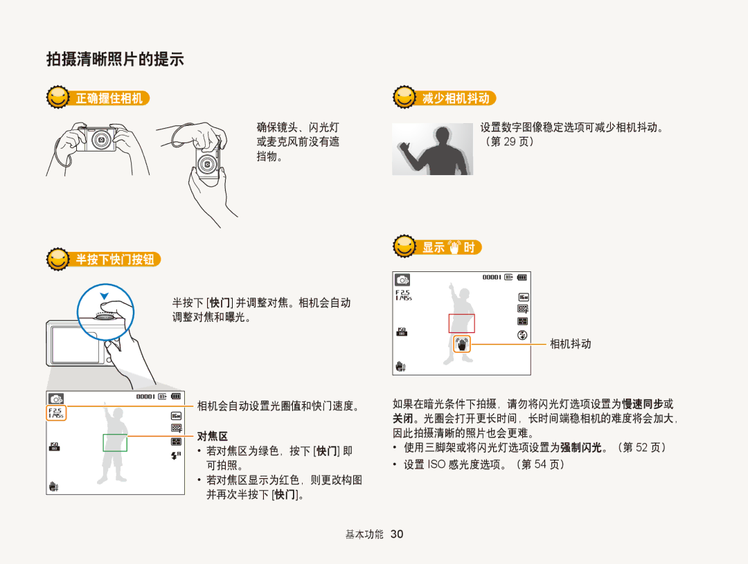 Samsung EC-ST66ZZBPPE2, EC-ST76ZZFPBE1, EC-ST76ZZFPSE1 manual 正确握住相机 减少相机抖动, 显示 时 半按下快门按钮, 确保镜头、闪光灯, 或麦克风前没有遮 （第 29 页） 挡物。 