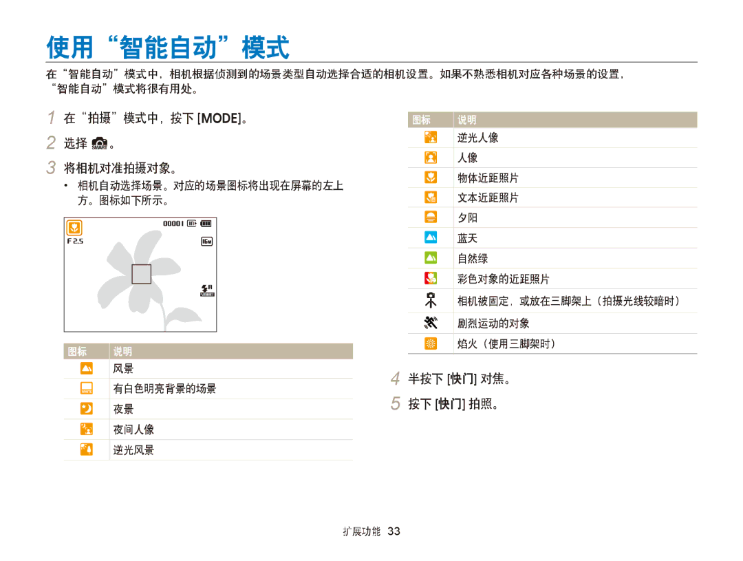 Samsung EC-ST66ZZFPRE2, EC-ST76ZZFPBE1, EC-ST76ZZFPSE1 manual 使用智能自动模式, 在拍摄模式中，按下 M。 2 选择 S。 将相机对准拍摄对象。, 半按下 快门 对焦。 按下 快门 拍照。 