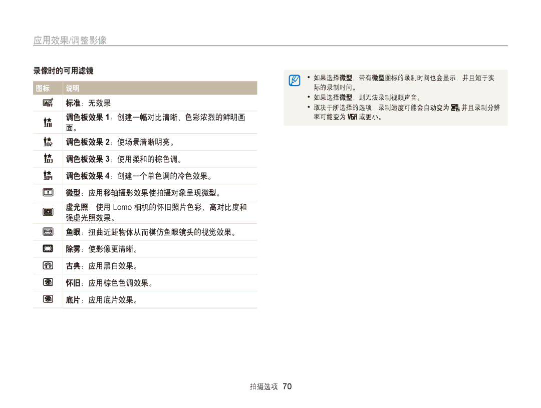 Samsung EC-ST66ZZBPPE2, EC-ST76ZZFPBE1, EC-ST76ZZFPSE1, EC-ST66ZZBPSE3, EC-ST66ZZBPBE3 应用效果/调整影像, 鱼眼：扭曲近距物体从而模仿鱼眼镜头的视觉效果。 