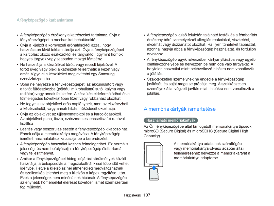 Samsung EC-ST66ZZFPRE3, EC-ST76ZZFPBE1, EC-ST76ZZFPSE1 manual Memóriakártyák ismertetése, Használható memóriakártyák 