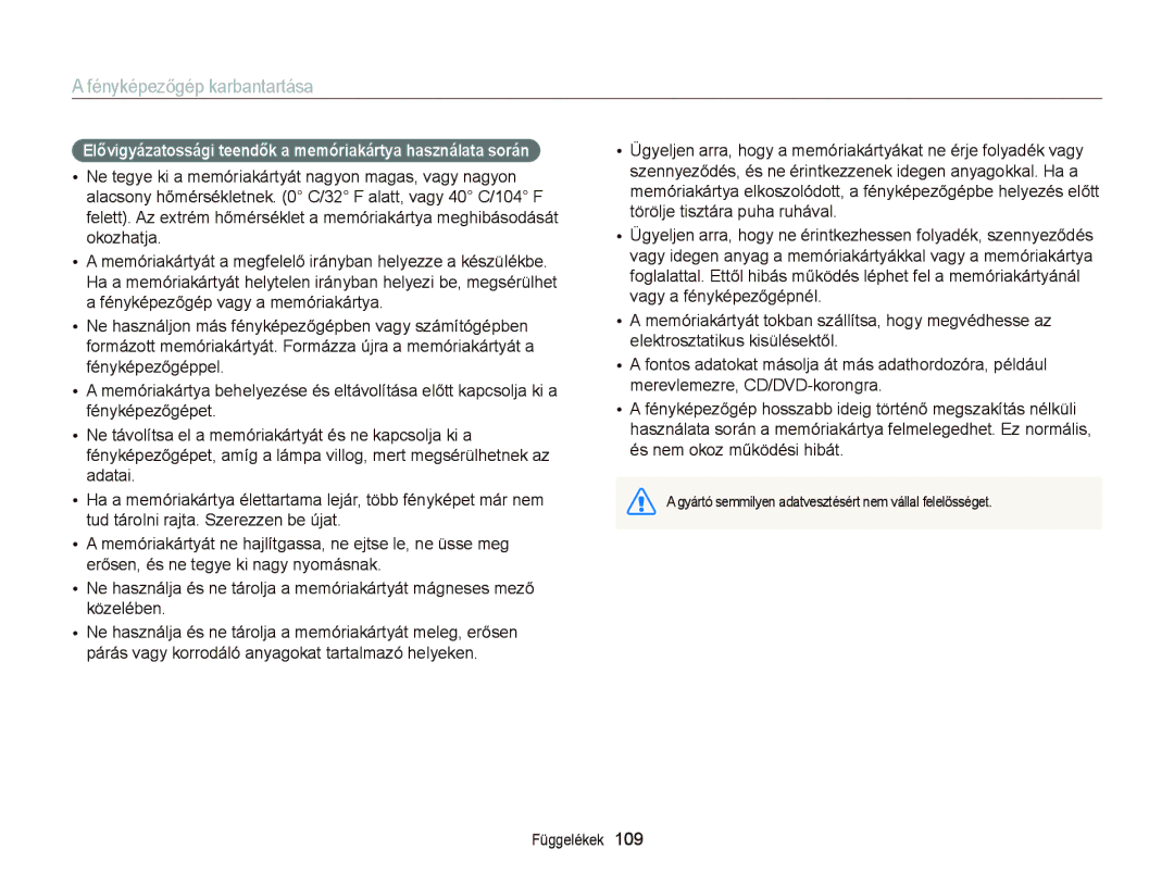 Samsung EC-ST66ZZBPPE3, EC-ST76ZZFPBE1, EC-ST76ZZFPSE1 manual Elővigyázatossági teendők a memóriakártya használata során 