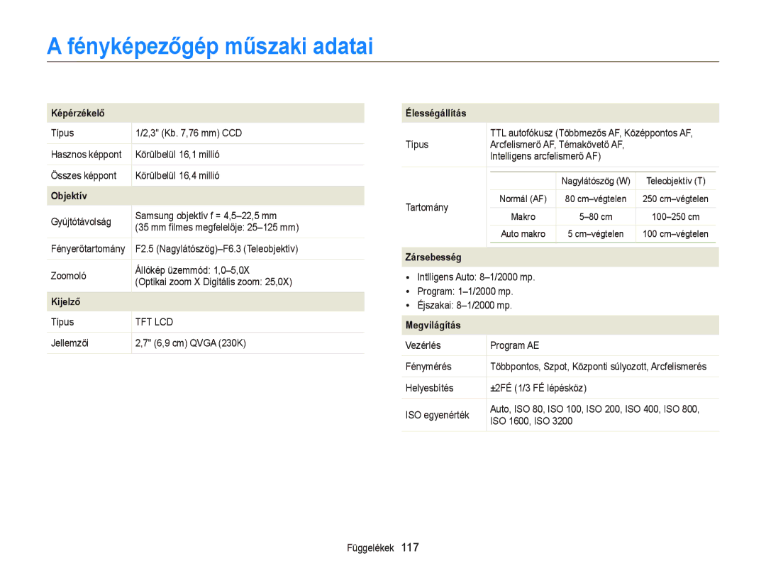 Samsung EC-ST76ZZBPLE2, EC-ST76ZZFPBE1, EC-ST76ZZFPSE1, EC-ST66ZZBPSE3 manual Fényképezőgép műszaki adatai, Képérzékelő 