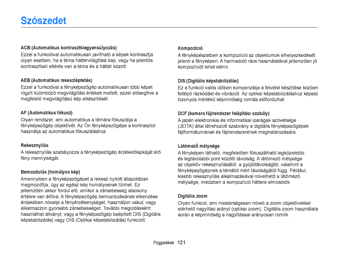 Samsung EC-ST66ZZBPSE3, EC-ST76ZZFPBE1, EC-ST76ZZFPSE1, EC-ST66ZZBPBE3, EC-ST66ZZFPPE3, EC-ST66ZZFPBE3 manual Szószedet 