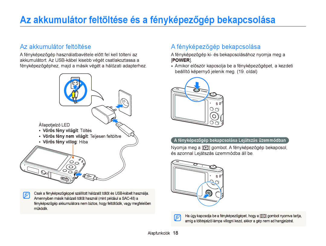 Samsung EC-ST76ZZFPSE3 manual Az akkumulátor feltöltése és a fényképezőgép bekapcsolása, Power, Vörös fény villog Hiba 