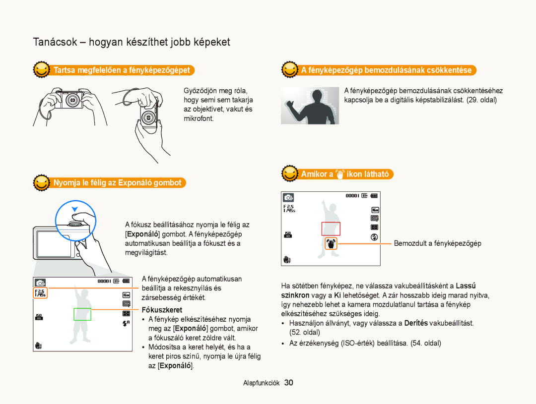 Samsung EC-ST66ZZBPPE2 manual Tartsa megfelelően a fényképezőgépet, Nyomja le félig az Exponáló gombot, Fókuszkeret 