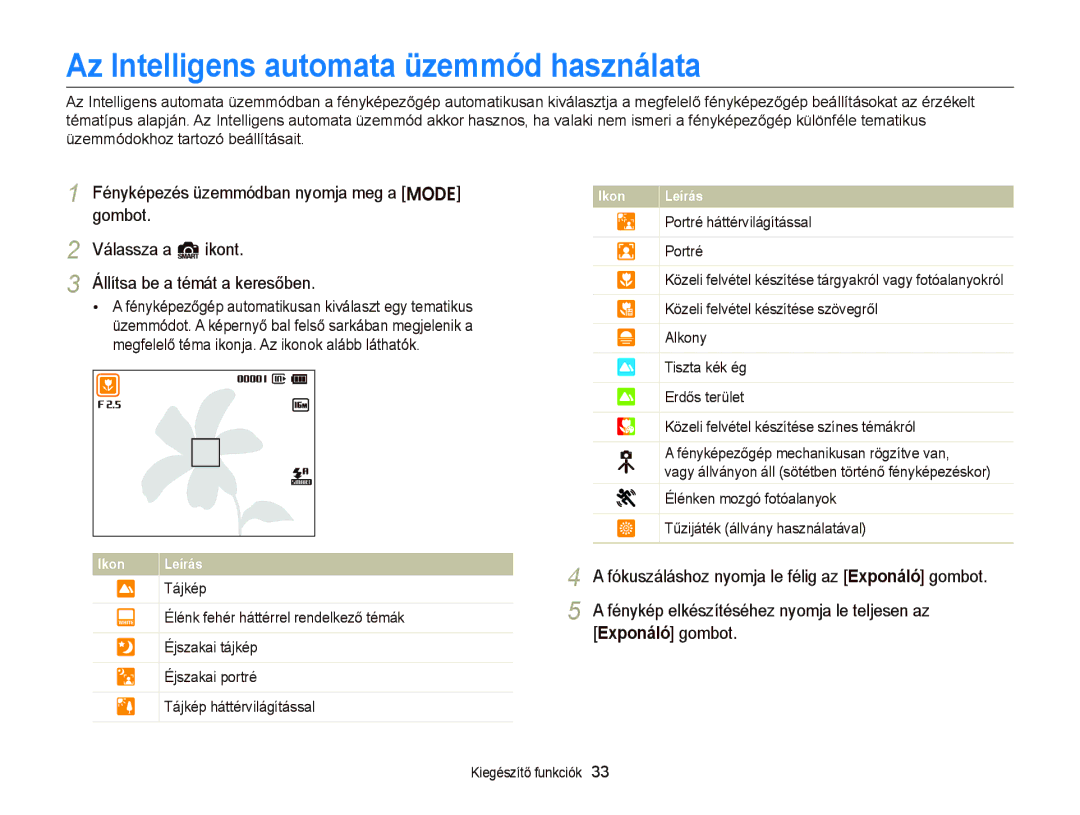 Samsung EC-ST66ZZFPRE2 manual Az Intelligens automata üzemmód használata, Fénykép elkészítéséhez nyomja le teljesen az 