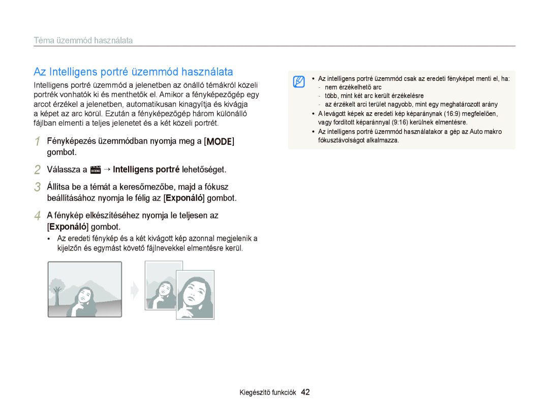 Samsung EC-ST66ZZBPBE3, EC-ST76ZZFPBE1, EC-ST76ZZFPSE1, EC-ST66ZZBPSE3 manual Az Intelligens portré üzemmód használata 