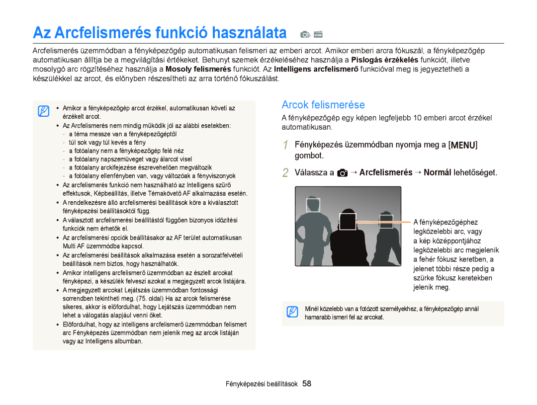 Samsung EC-ST76ZZFPSE3, EC-ST76ZZFPBE1, EC-ST76ZZFPSE1 manual Az Arcfelismerés funkció használata p s, Arcok felismerése 