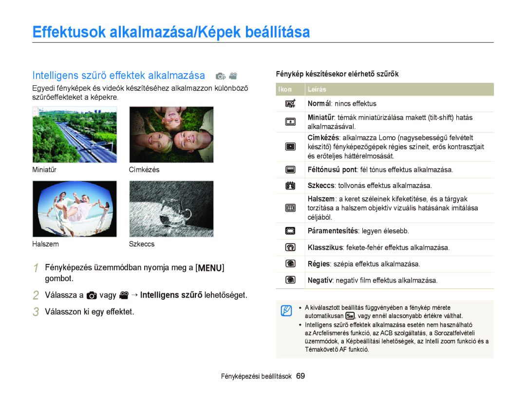 Samsung EC-ST66ZZBPPE3, EC-ST76ZZFPBE1 Effektusok alkalmazása/Képek beállítása, Intelligens szűrő effektek alkalmazása p 