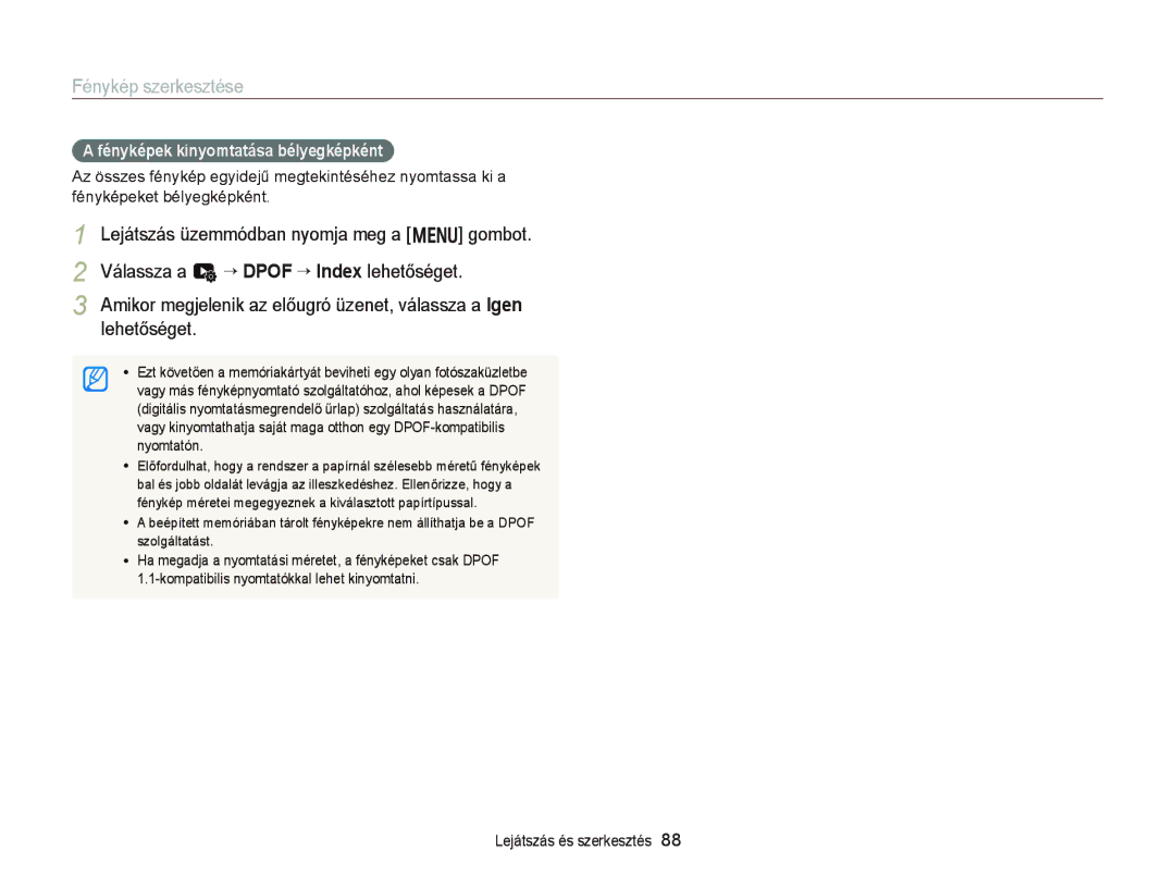 Samsung EC-ST66ZZBPUE3, EC-ST76ZZFPBE1, EC-ST76ZZFPSE1, EC-ST66ZZBPSE3 manual Fényképek kinyomtatása bélyegképként, Nyomtatón 