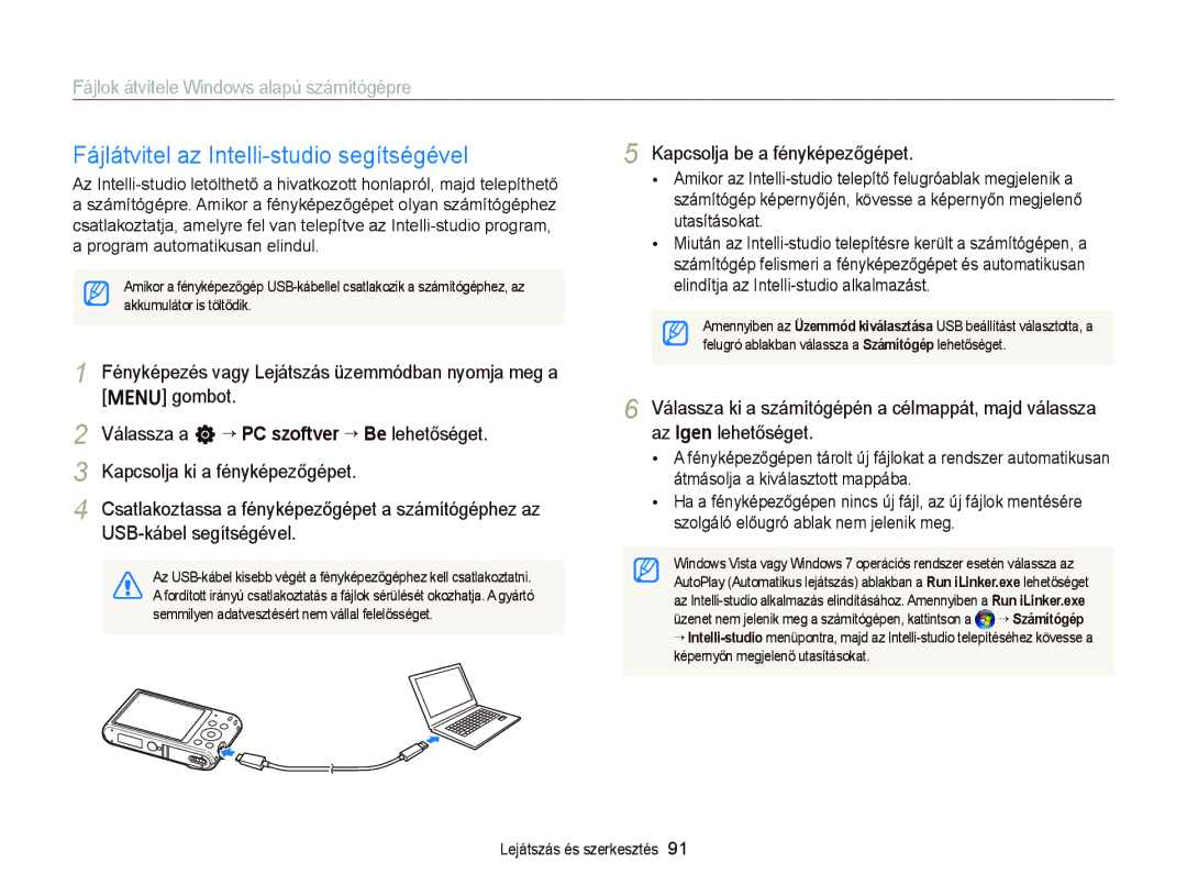 Samsung EC-ST66ZZBPRE2 manual Fájlátvitel az Intelli-studio segítségével, Fájlok átvitele Windows alapú számítógépre 