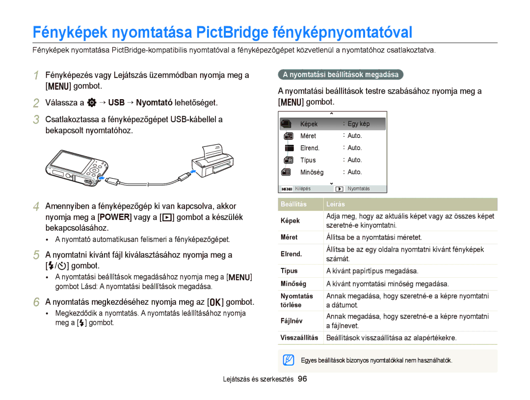 Samsung EC-ST76ZZBPWE2, EC-ST76ZZFPBE1, EC-ST76ZZFPSE1, EC-ST66ZZBPSE3 Fényképek nyomtatása PictBridge fényképnyomtatóval 