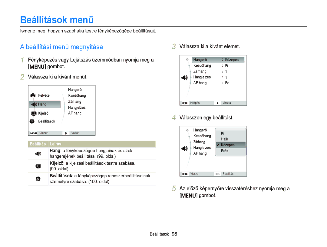 Samsung EC-ST76ZZFPSE3, EC-ST76ZZFPBE1 manual Beállítások menü, Beállítási menü megnyitása, Válassza ki a kívánt elemet 