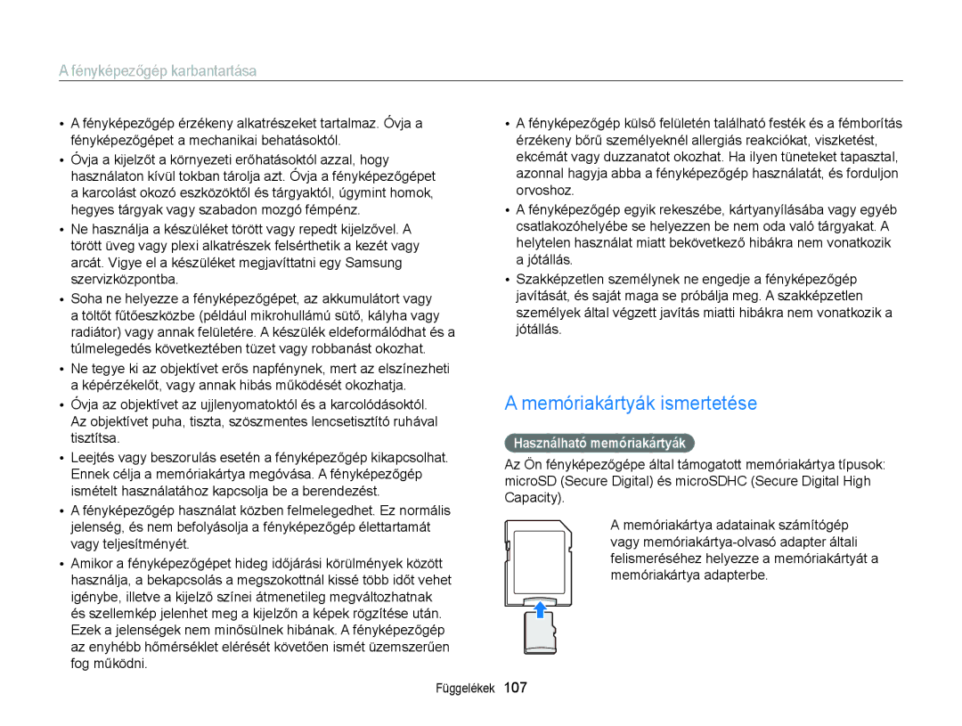 Samsung EC-ST79ZZFPBE2, EC-ST76ZZFPBE1, EC-ST76ZZFPSE1 manual Memóriakártyák ismertetése, Használható memóriakártyák 