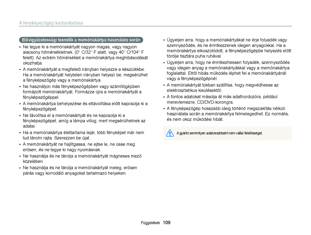 Samsung EC-ST79ZZBPBE2, EC-ST76ZZFPBE1, EC-ST76ZZFPSE1 manual Elővigyázatossági teendők a memóriakártya használata során 