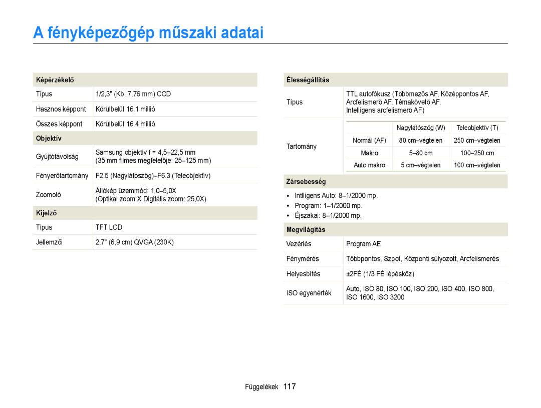 Samsung EC-ST77ZZBPWE3, EC-ST76ZZFPBE1, EC-ST76ZZFPSE1, EC-ST77ZZBPRE3 manual Fényképezőgép műszaki adatai, Képérzékelő 