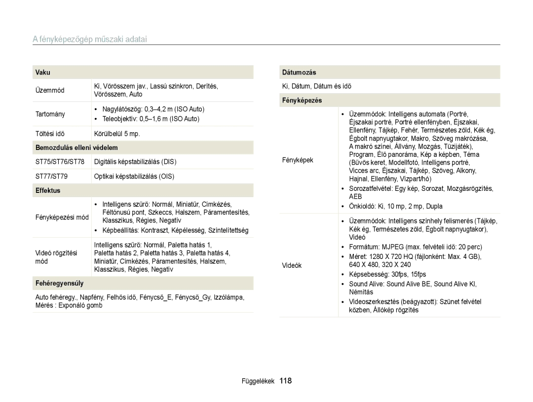 Samsung EC-ST77ZZFPBE3, EC-ST76ZZFPBE1, EC-ST76ZZFPSE1, EC-ST77ZZBPRE3, EC-ST77ZZBPWE3 Fényképezőgép műszaki adatai, Vaku 