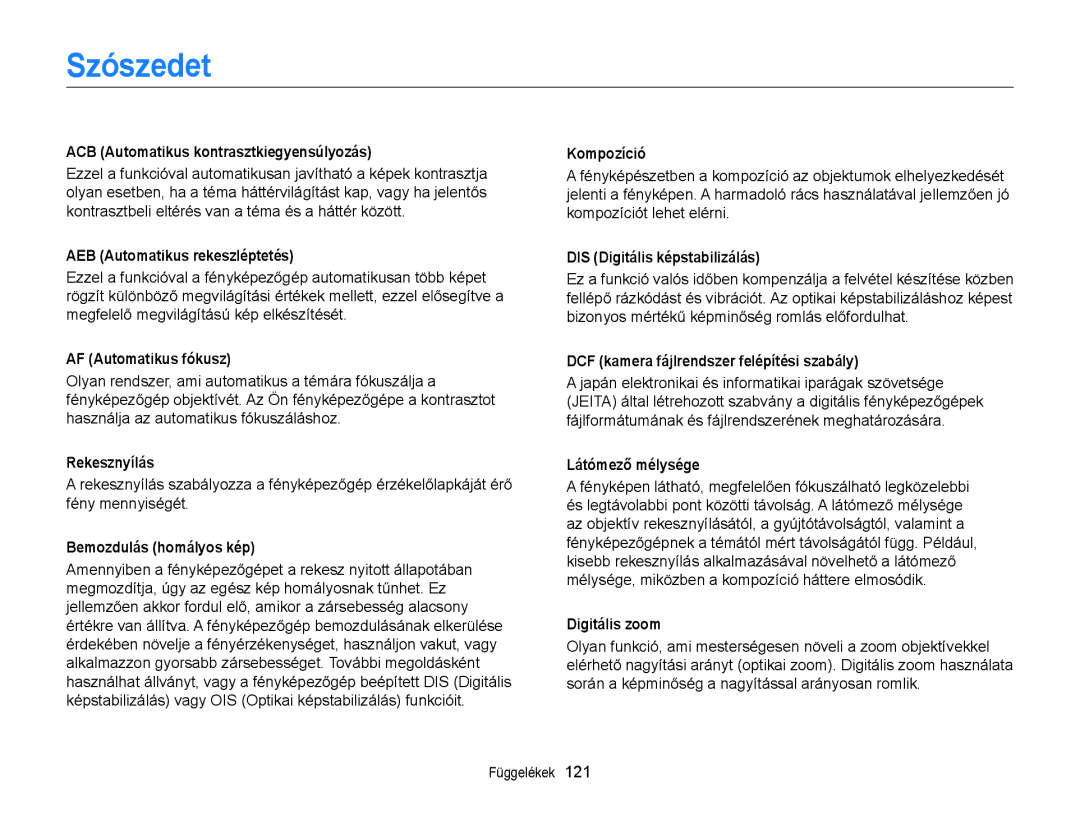 Samsung EC-ST77ZZBPBE3, EC-ST76ZZFPBE1, EC-ST76ZZFPSE1, EC-ST77ZZBPRE3, EC-ST77ZZBPWE3, EC-ST77ZZFPBE3 manual Szószedet 