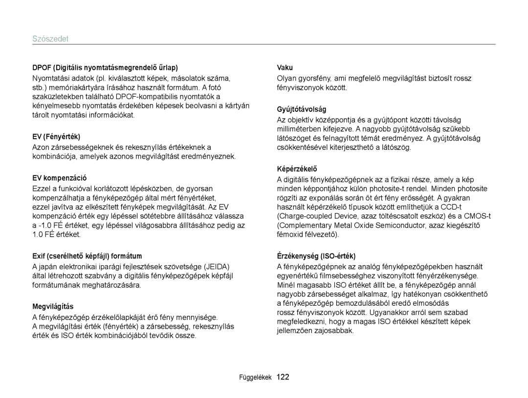 Samsung EC-ST77ZZBPSE3, EC-ST76ZZFPBE1, EC-ST76ZZFPSE1, EC-ST77ZZBPRE3, EC-ST77ZZBPWE3, EC-ST77ZZFPBE3 manual Szószedet 