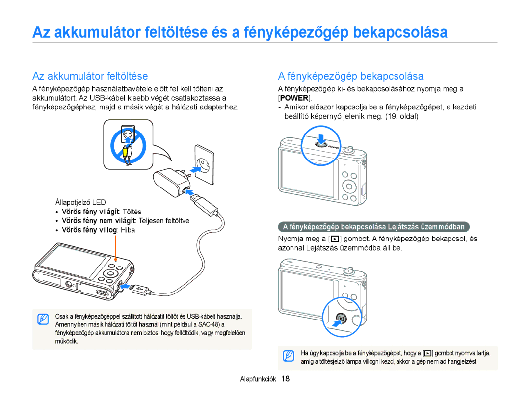 Samsung EC-ST76ZZBPLE2 manual Az akkumulátor feltöltése és a fényképezőgép bekapcsolása, Power, Vörös fény villog Hiba 