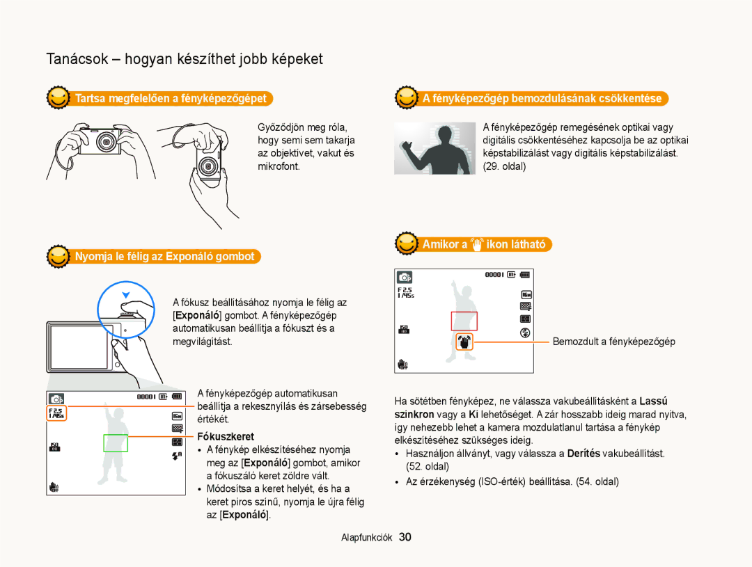 Samsung EC-ST77ZZBPSE3 manual Tartsa megfelelően a fényképezőgépet, Nyomja le félig az Exponáló gombot, Fókuszkeret 