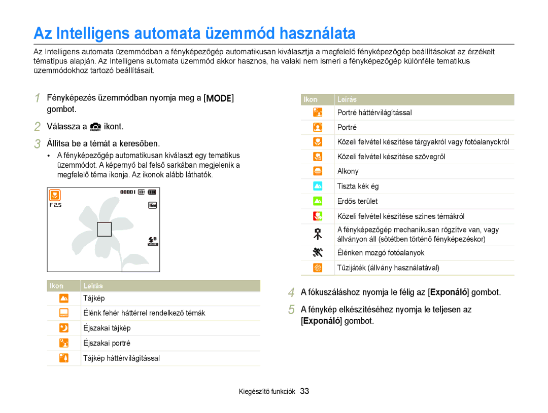 Samsung EC-ST77ZZFPLE3 manual Az Intelligens automata üzemmód használata, Fénykép elkészítéséhez nyomja le teljesen az 