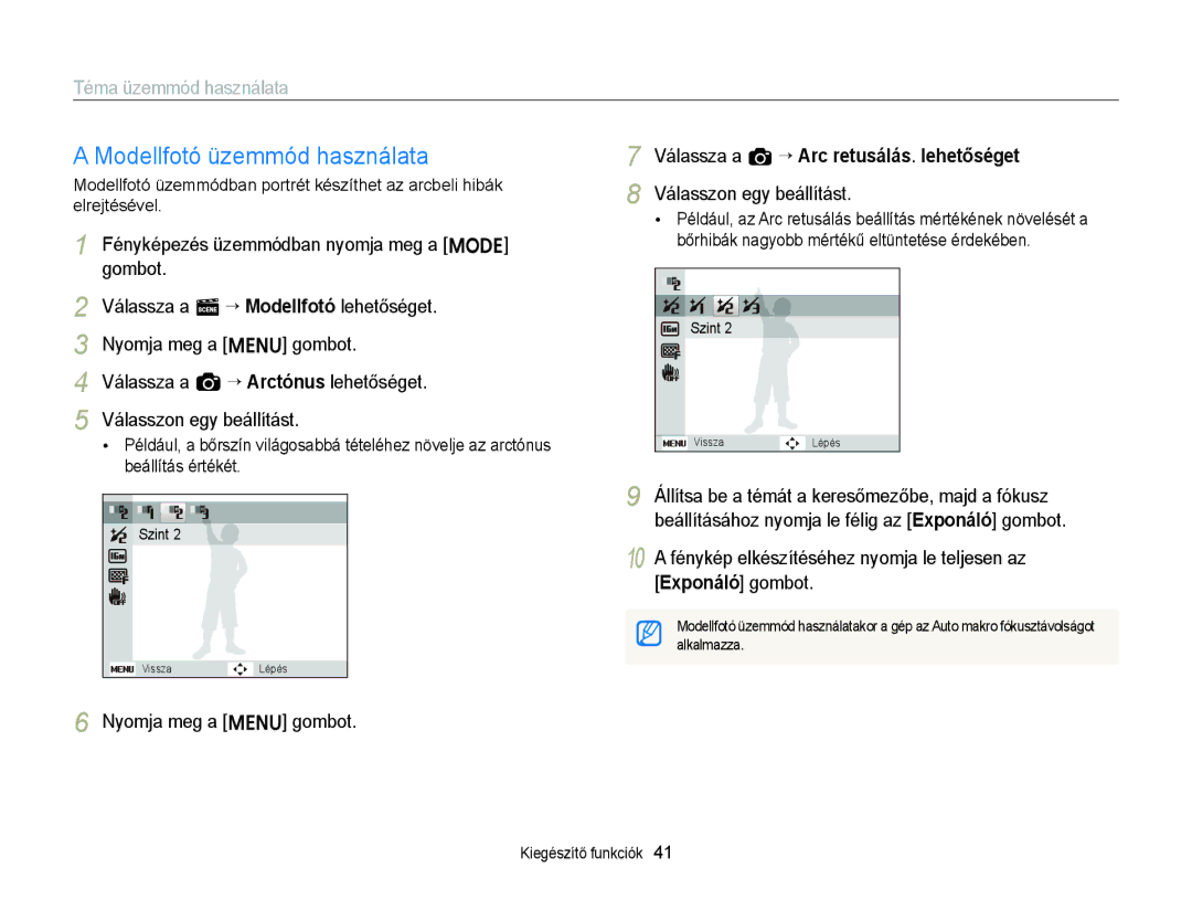 Samsung EC-ST76ZZBPLE2, EC-ST76ZZFPBE1, EC-ST76ZZFPSE1, EC-ST77ZZBPRE3, EC-ST77ZZBPWE3 manual Modellfotó üzemmód használata 