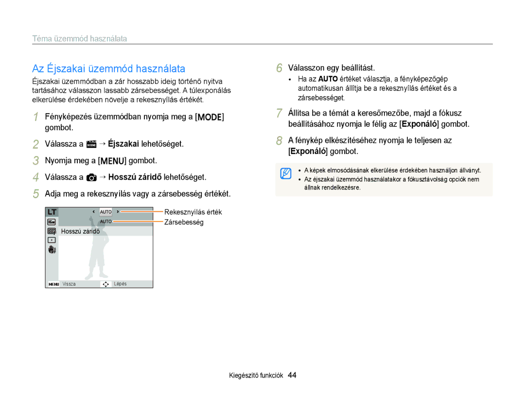 Samsung EC-ST76ZZFPSE3, EC-ST76ZZFPBE1, EC-ST76ZZFPSE1 manual Az Éjszakai üzemmód használata, Rekesznyílás érték Zársebesség 