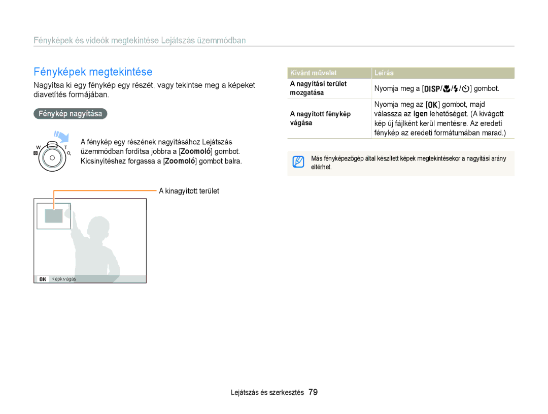 Samsung EC-ST77ZZFPLE3 manual Fényképek megtekintése, Fénykép nagyítása, Kinagyított terület, Nyomja meg az o gombot, majd 