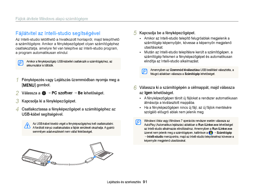 Samsung EC-ST76ZZFPBE1 manual Fájlátvitel az Intelli-studio segítségével, Fájlok átvitele Windows alapú számítógépre 