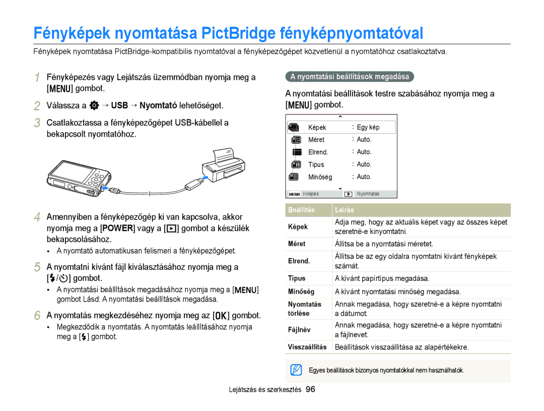 Samsung EC-ST77ZZFPWE3, EC-ST76ZZFPBE1, EC-ST76ZZFPSE1, EC-ST77ZZBPRE3 Fényképek nyomtatása PictBridge fényképnyomtatóval 