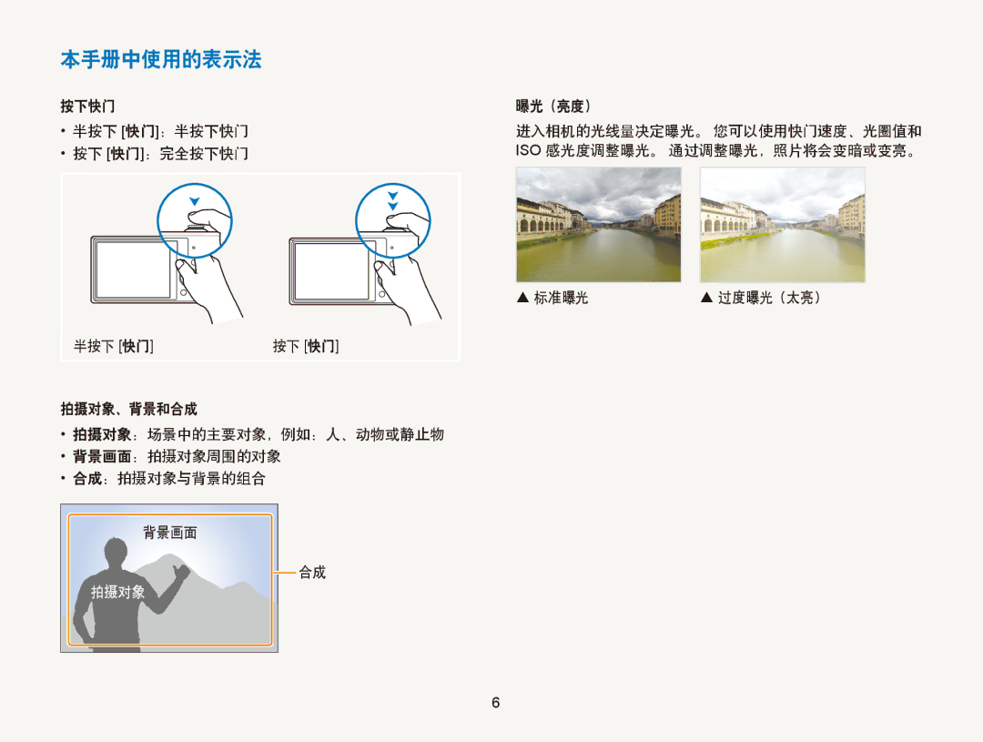 Samsung EC-ST77ZZBPBE3, EC-ST76ZZFPBE1, EC-ST76ZZFPSE1, EC-ST77ZZBPRE3, EC-ST77ZZBPWE3, EC-ST77ZZFPBE3 manual 本手册中使用的表示法,  标准曝光 