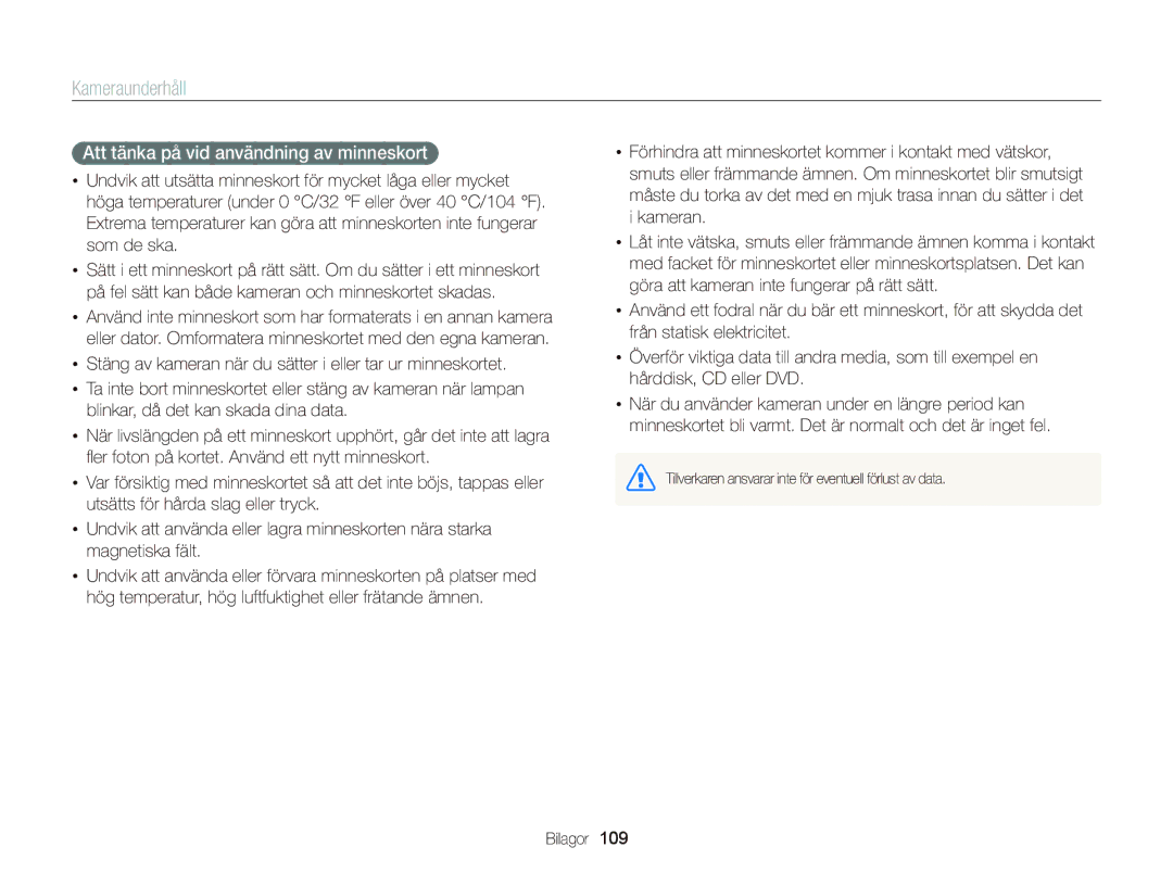 Samsung EC-ST76ZZFPLE2, EC-ST76ZZFPWE2, EC-ST76ZZBPRE2, EC-ST66ZZBPPE2 manual Att tänka på vid användning av minneskort 