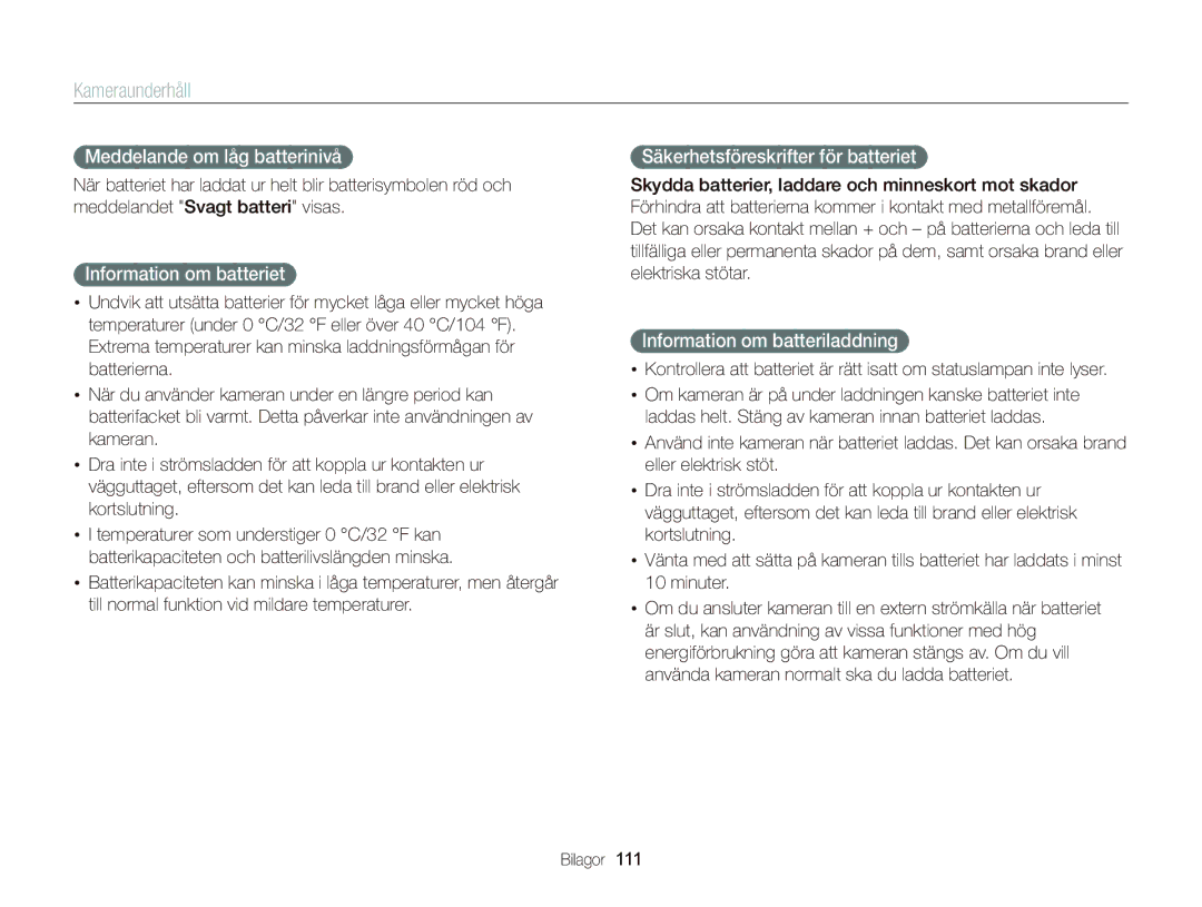 Samsung EC-ST66ZZBPUE2 manual Meddelande om låg batterinivå, Information om batteriet, Säkerhetsföreskrifter för batteriet 