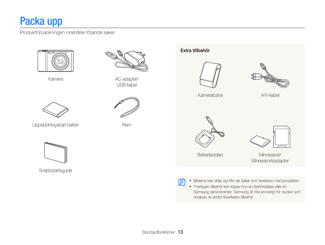 Samsung EC-ST76ZZBPWE2, EC-ST76ZZFPWE2 manual Packa upp, KamerafodralA/V-kabel Uppladdningsbart batteri, Standardfunktioner 