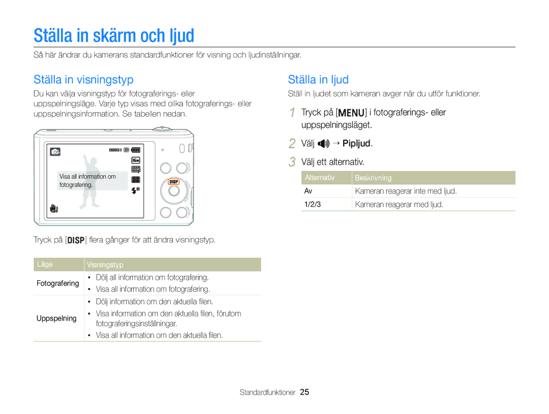 Samsung EC-ST76ZZBPBE2, EC-ST76ZZFPWE2 Ställa in skärm och ljud, Ställa in visningstyp, Ställa in ljud, Läge Visningstyp 