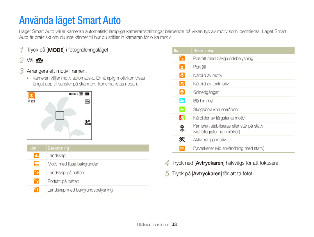 Samsung EC-ST76ZZFPWE2 manual Använda läget Smart Auto, Tryck på M i fotograferingsläget, Arrangera ett motiv i ramen 