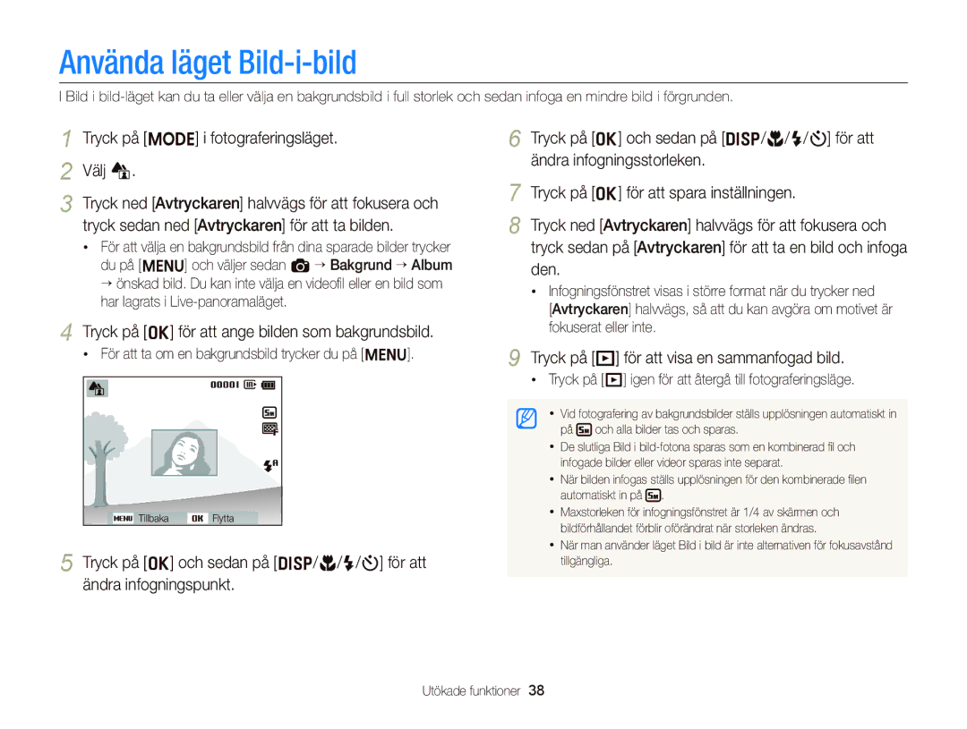 Samsung EC-ST66ZZFPBE2, EC-ST76ZZFPWE2, EC-ST76ZZBPRE2 Använda läget Bild-i-bild, Tryck på M i fotograferingsläget Välj d 