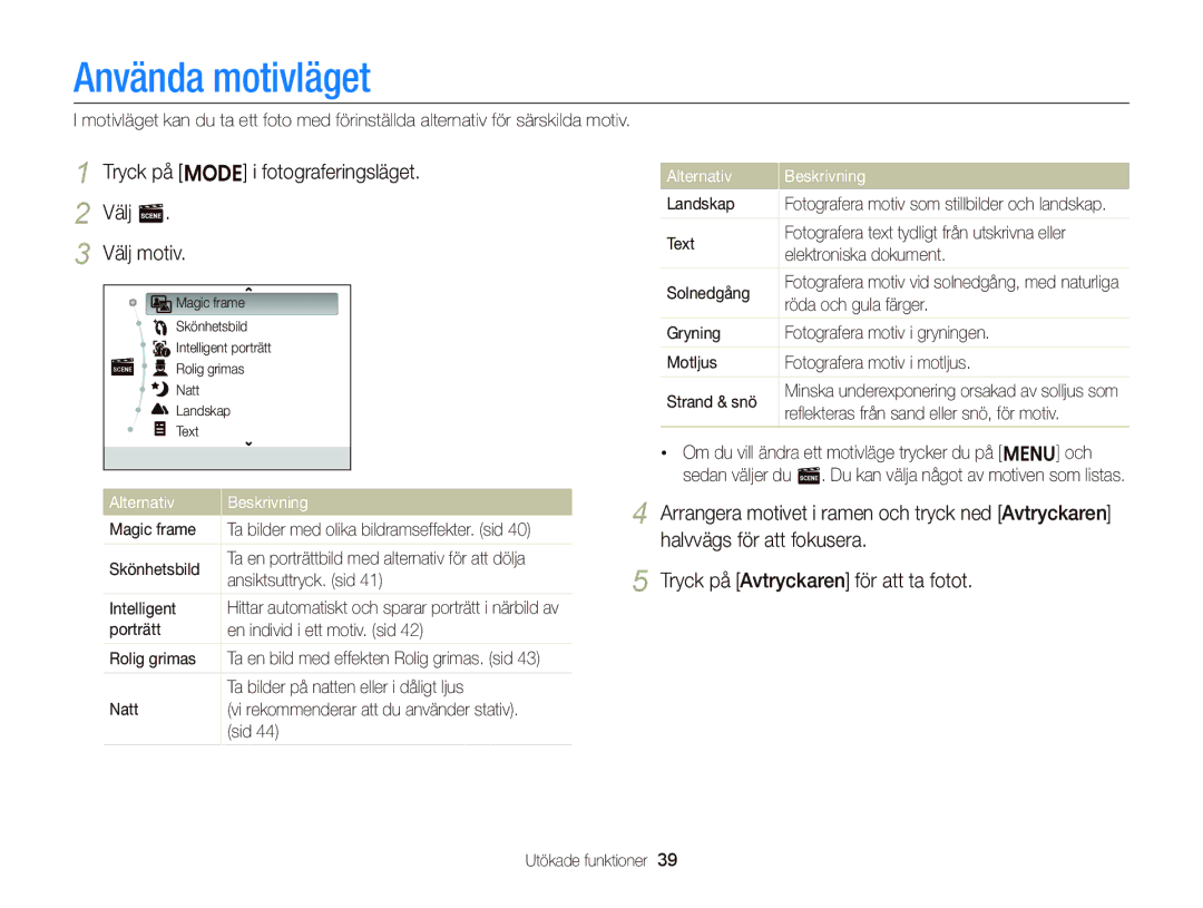 Samsung EC-ST66ZZFPRE2, EC-ST76ZZFPWE2 manual Använda motivläget, Tryck på M i fotograferingsläget Välj s Välj motiv 