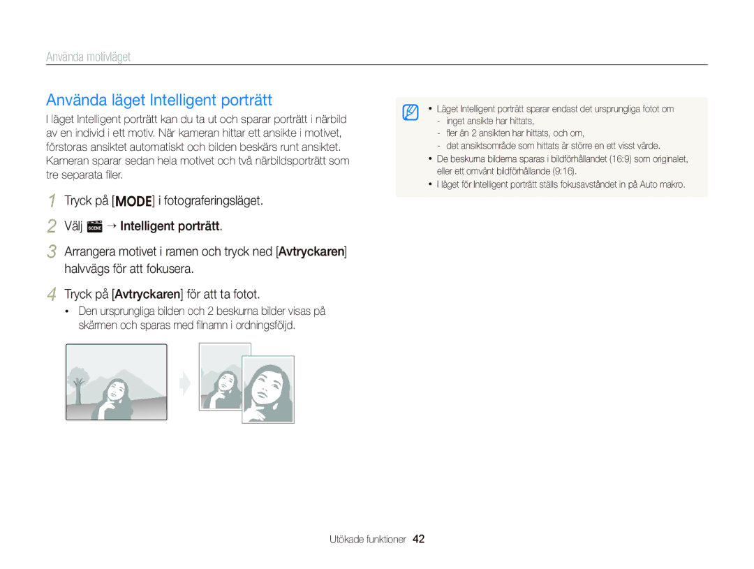 Samsung EC-ST76ZZBPBE2, EC-ST76ZZFPWE2, EC-ST76ZZBPRE2, EC-ST66ZZBPPE2, EC-ST66ZZFPPE2 Använda läget Intelligent porträtt 