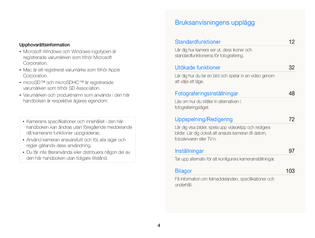 Samsung EC-ST66ZZFPBE2, EC-ST76ZZFPWE2, EC-ST76ZZBPRE2, EC-ST66ZZBPPE2, EC-ST66ZZFPPE2 manual Bruksanvisningens upplägg, 103 