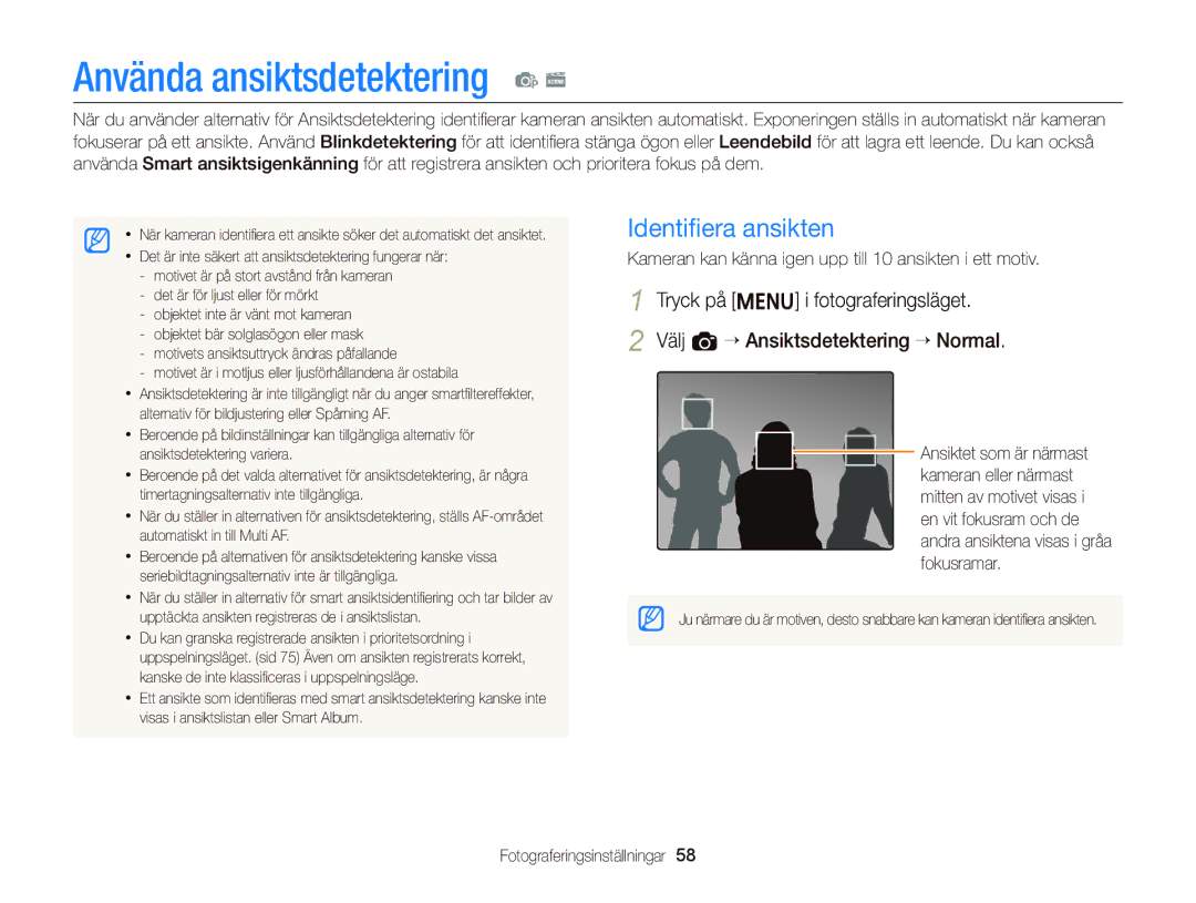 Samsung EC-ST76ZZFPLE2, EC-ST76ZZFPWE2, EC-ST76ZZBPRE2, EC-ST66ZZBPPE2 Använda ansiktsdetektering p s, Identiﬁera ansikten 