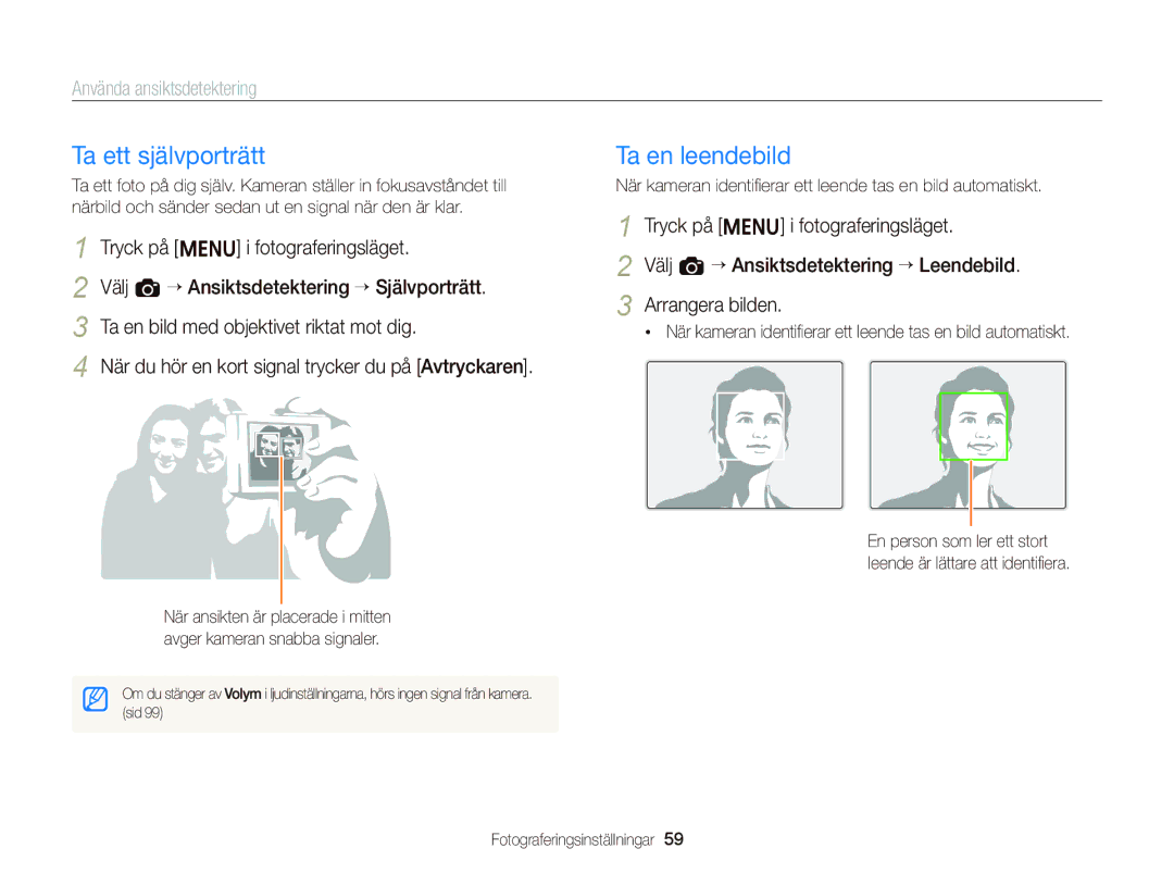 Samsung EC-ST76ZZBPBE2, EC-ST76ZZFPWE2, EC-ST76ZZBPRE2 Ta ett självporträtt, Ta en leendebild, Använda ansiktsdetektering 