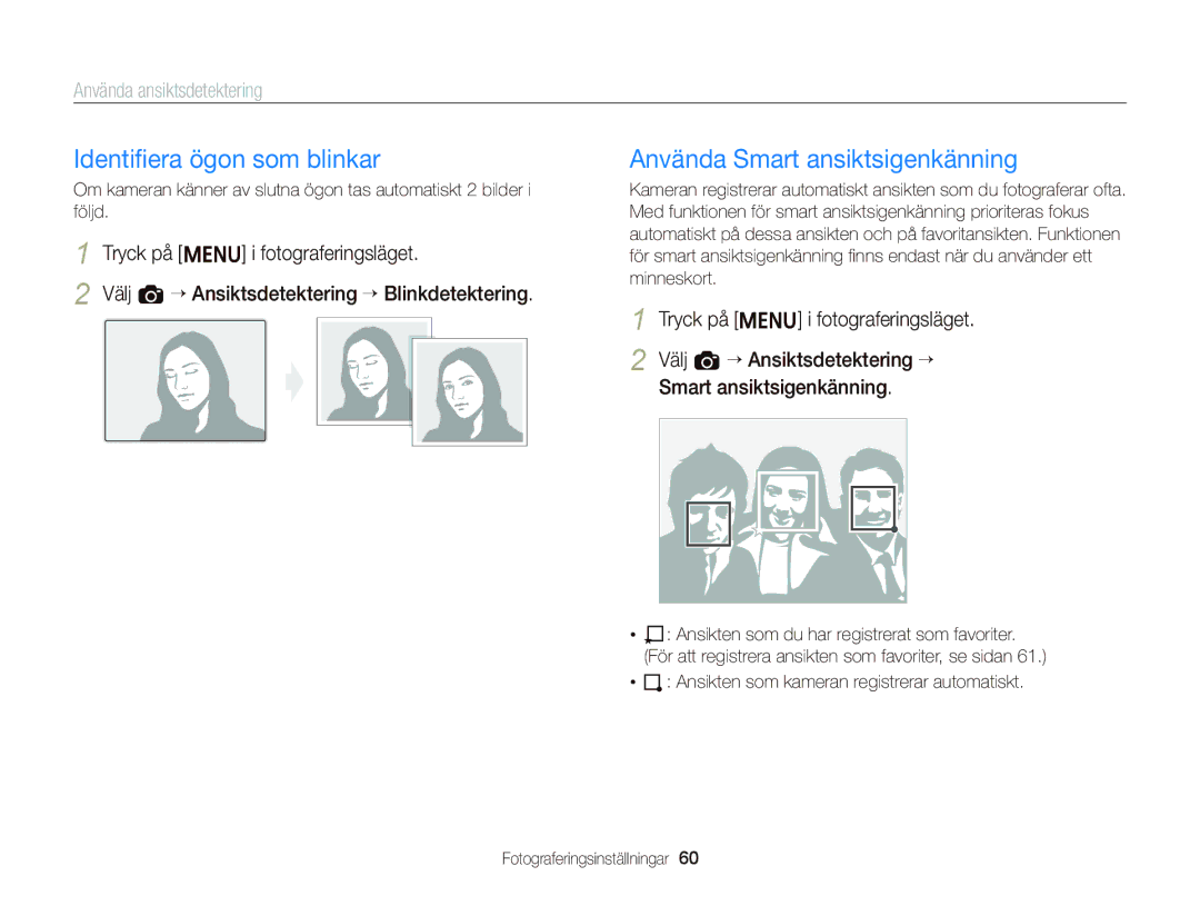 Samsung EC-ST66ZZBPUE2, EC-ST76ZZFPWE2, EC-ST76ZZBPRE2 manual Identiﬁera ögon som blinkar, Använda Smart ansiktsigenkänning 