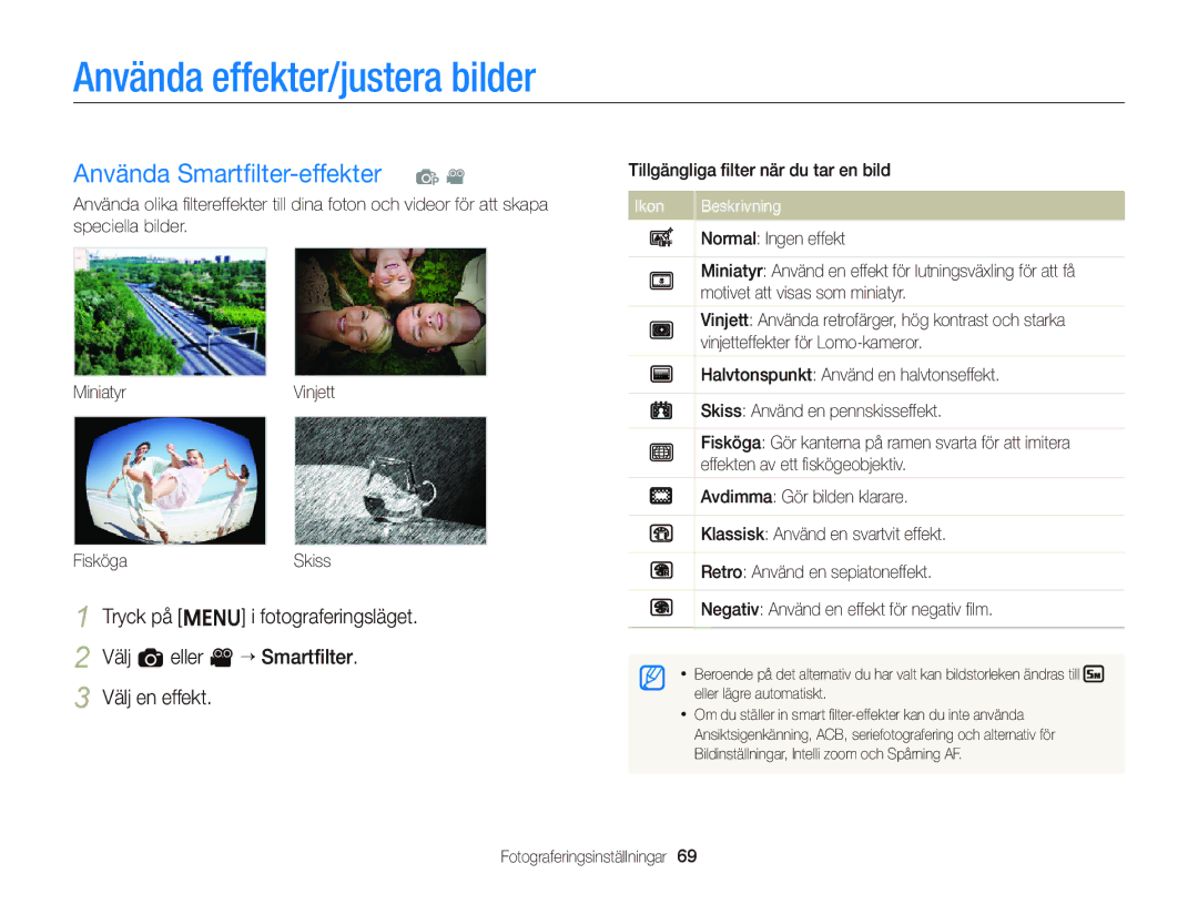 Samsung EC-ST66ZZBPPE2, EC-ST76ZZFPWE2, EC-ST76ZZBPRE2 manual Använda effekter/justera bilder, Använda Smartﬁlter-effekter p 