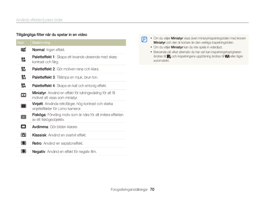 Samsung EC-ST66ZZFPPE2, EC-ST76ZZFPWE2, EC-ST76ZZBPRE2, EC-ST66ZZBPPE2, EC-ST66ZZBPRE2 manual Använda effekter/justera bilder 