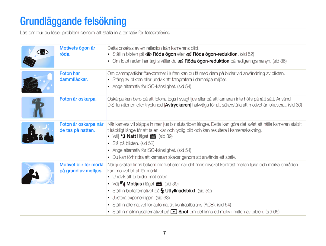 Samsung EC-ST76ZZFPLE2, EC-ST76ZZFPWE2 manual Grundläggande felsökning, Detta orsakas av en reﬂexion från kamerans blixt 