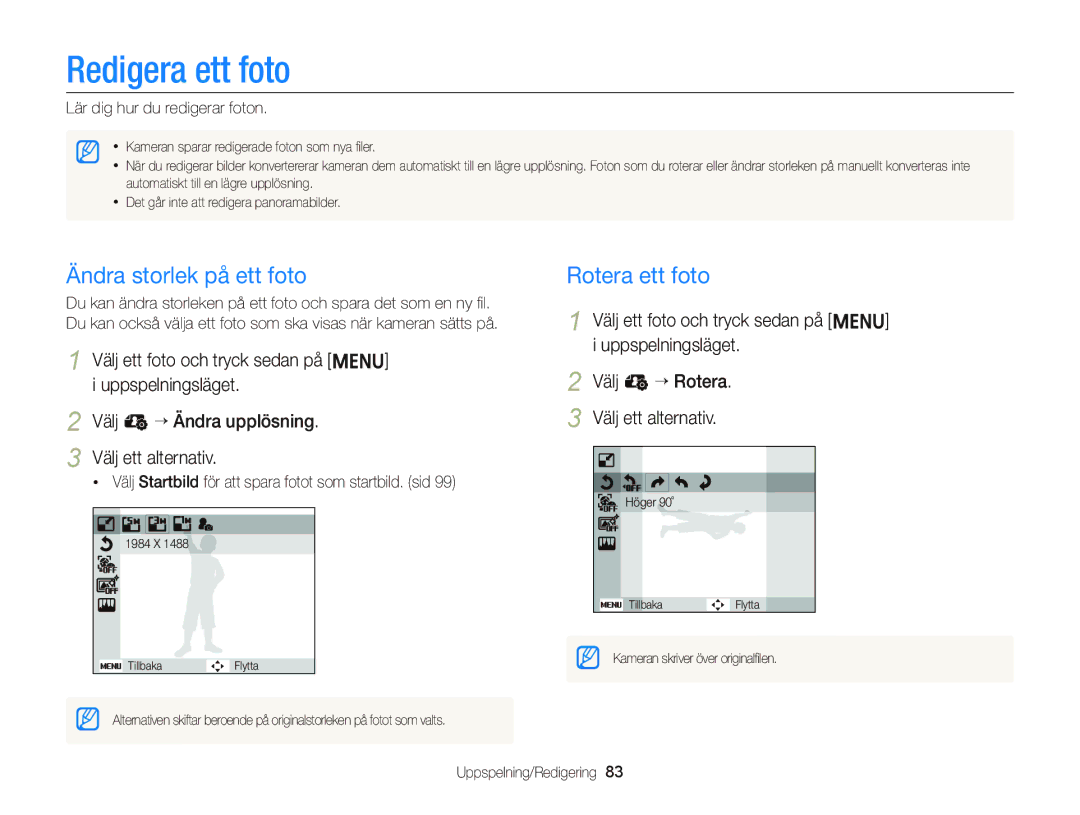 Samsung EC-ST76ZZBPLE2 manual Redigera ett foto, Ändra storlek på ett foto, Rotera ett foto, Lär dig hur du redigerar foton 