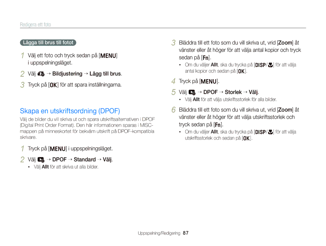 Samsung EC-ST66ZZFPPE2, EC-ST76ZZFPWE2 manual Skapa en utskriftsordning Dpof, Tryck på m Välj u “ Dpof “ Storlek “ Välj 